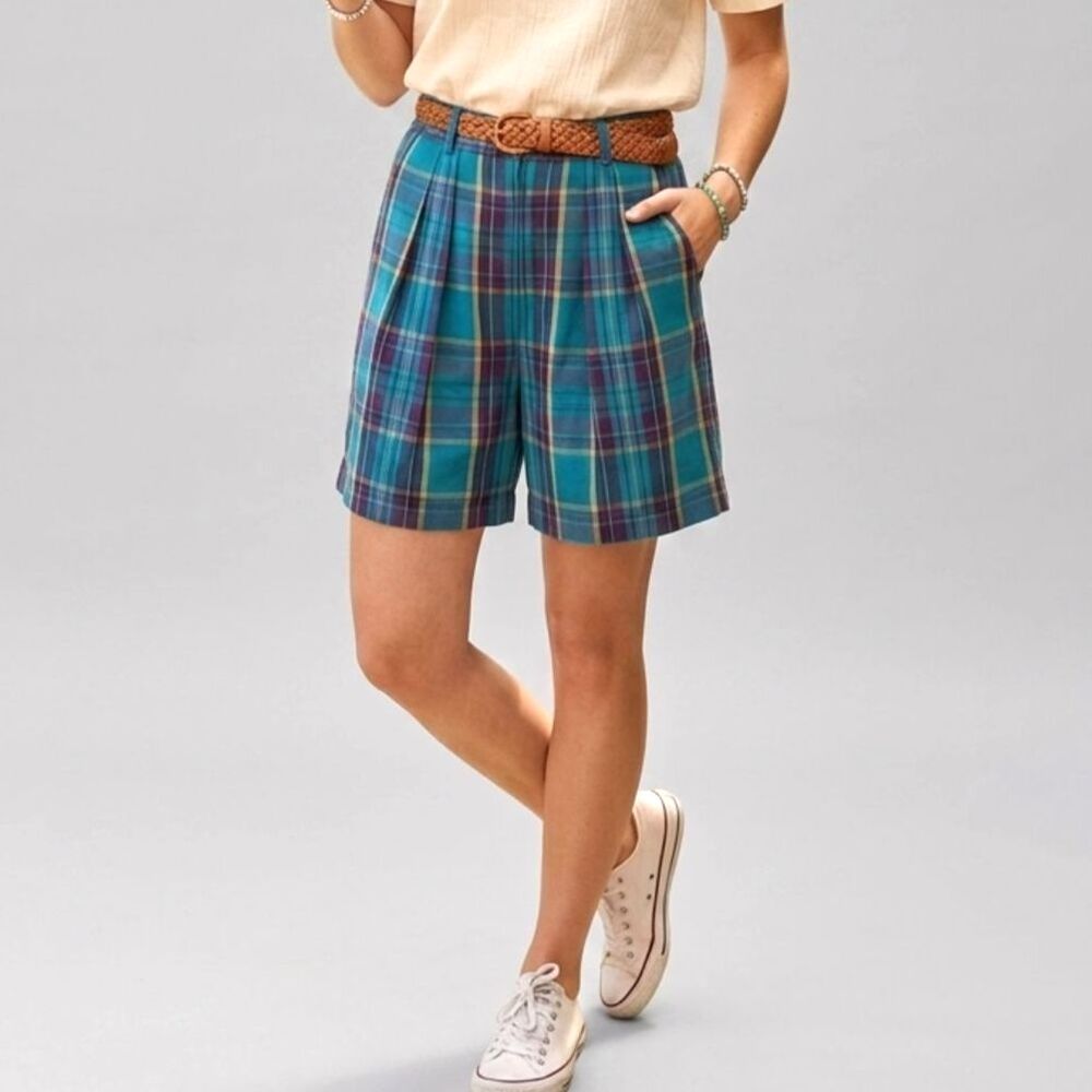 VTG Casual Corner High Waisted Plaid Linen Shorts S Pleated Blue Bermuda NEW
